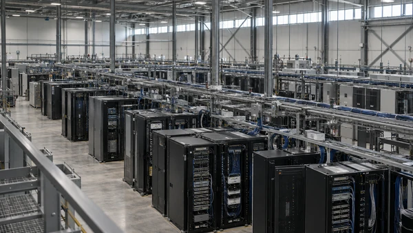 Wide optical interconnection floor with rows of network equipment and overhead cable trays — illustrative image