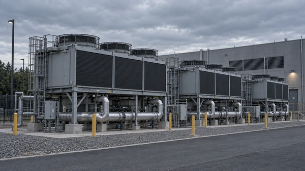 Outdoor industrial cooling units with service pipework beside a facility — illustrative image