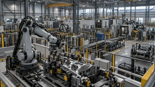 Large automated manufacturing plant with multiple robotic production cells and assembly equipment — illustrative image