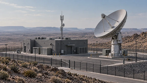 Modern secure technology facility and satellite antenna on an arid rocky plateau — illustrative image